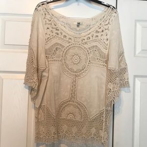 Ya Embroidered Open Weave Cream Color Tunic Top OS